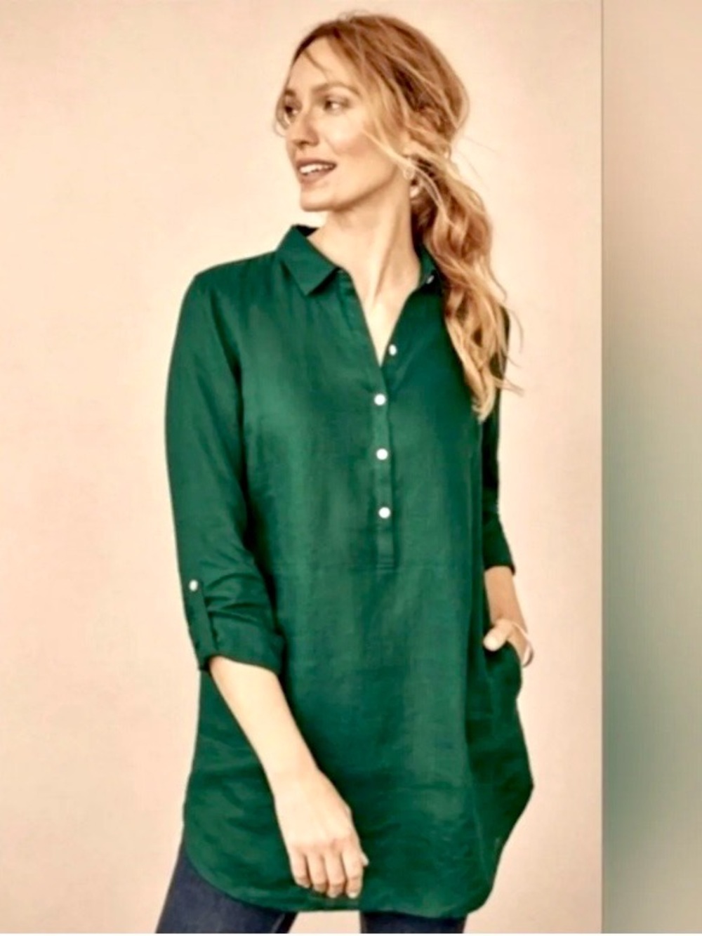 J Jill Love Linen Forest Green Button-Front Tunic Top -SP- Relaxed Fit